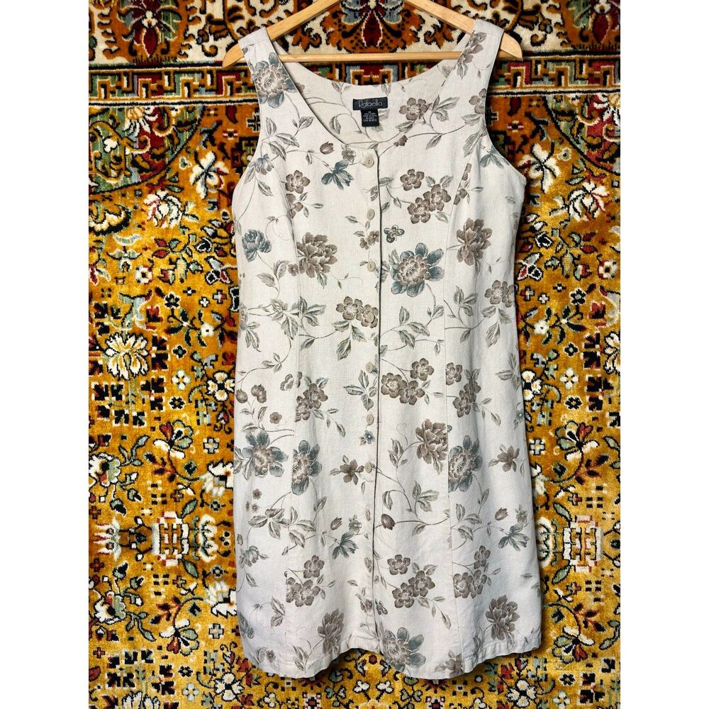 90s Vintage Linen Floral Sleeveless Dress Rafaella Sz 12 Back Tie Button Front